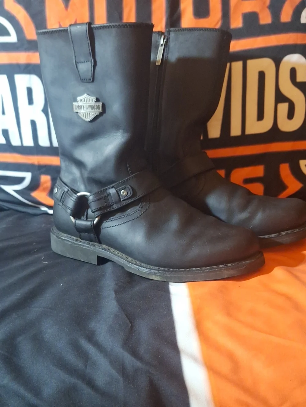 Harley-Davidson Black Leather Harness Zip Motorcycle Boots
